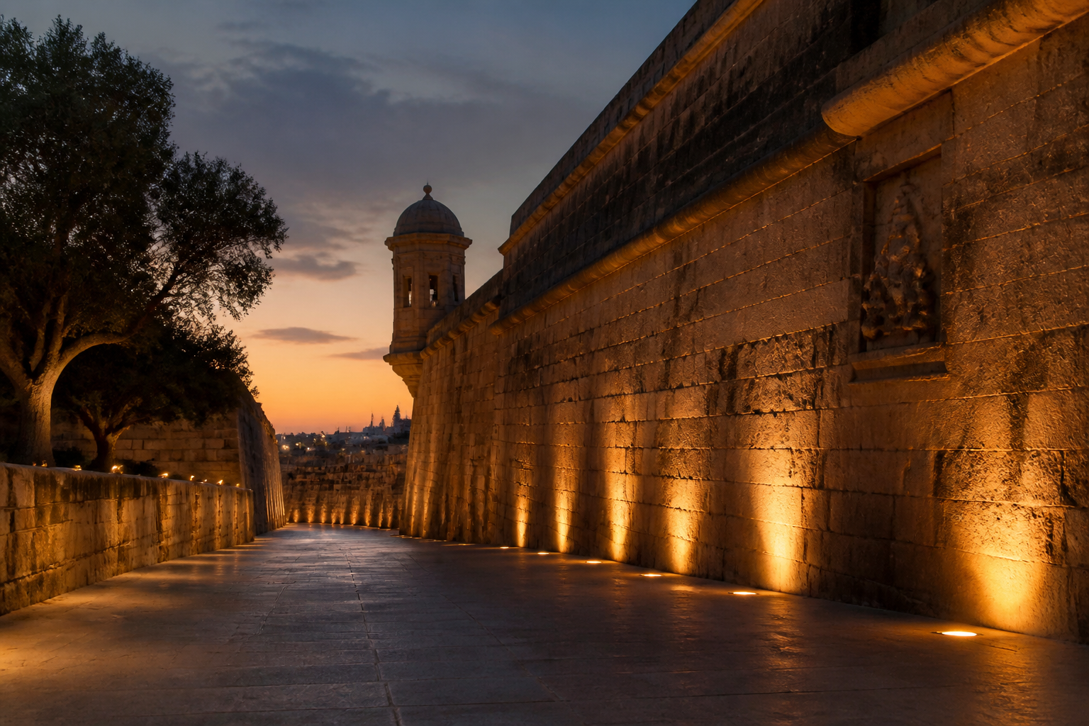 Honey limestone walls in Malta at dusk.